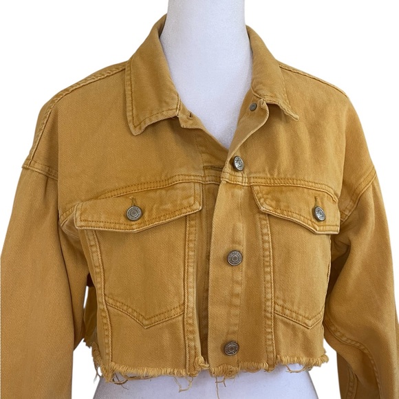 PacSun Mustard Yellow Cropped Jean Jacket Women’s Sz XS Raw Frayed Hem Denim - Picture 3 of 14